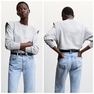 •MANGO• Quilted Shoulder Crewneck Long Sleeve Pullover‎ Sweatshirt Gray Size M